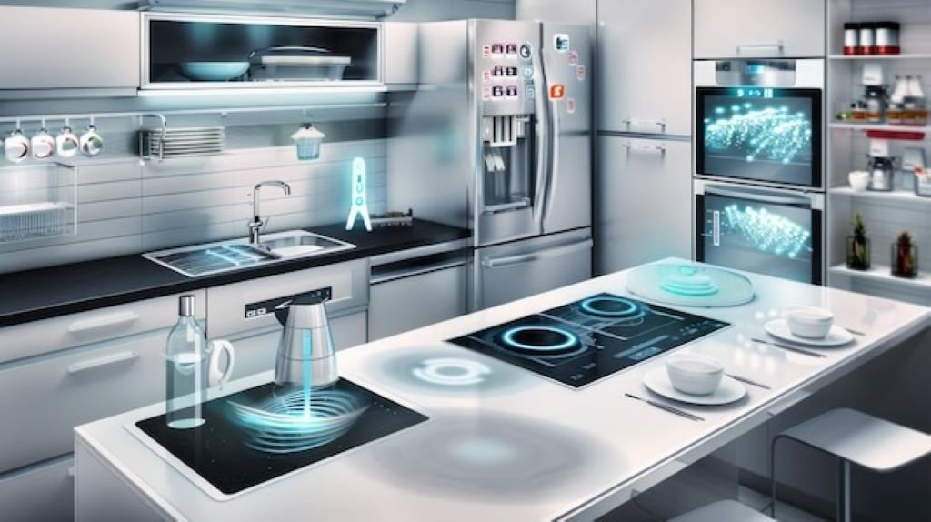 A modern kitchen featuring smart appliances and devices for cooking and home automation