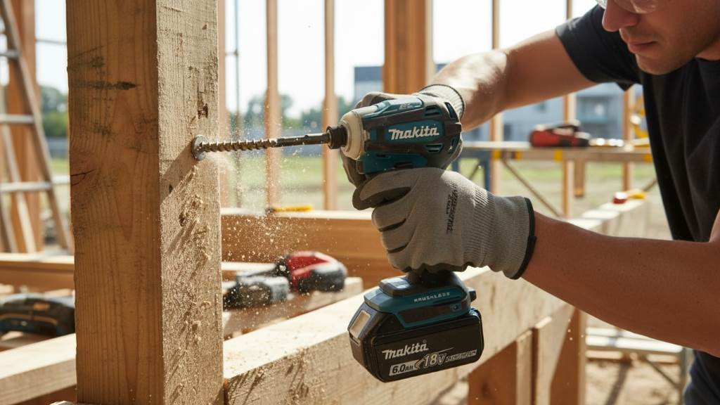 Makita XDT19Z 18V brushless impact driver in action driving large screws into wood during a construction project