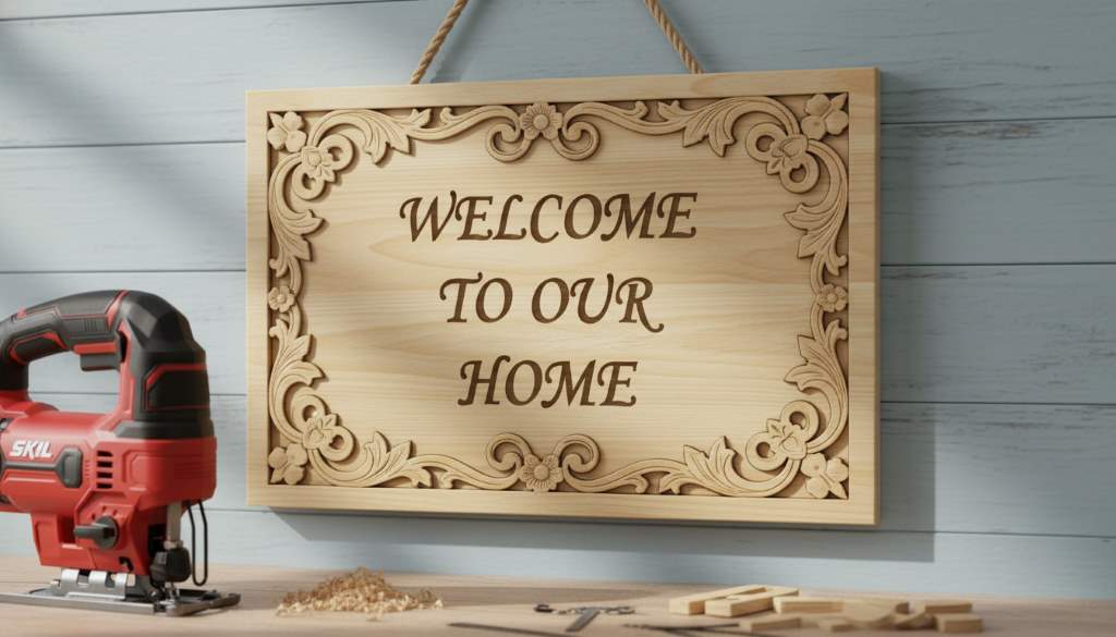 Finished DIY wooden sign with intricate scroll work cut using jig saw techniques