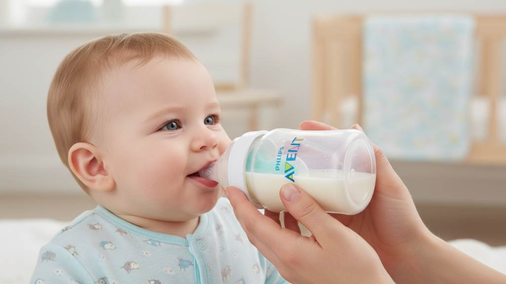 Happy baby drinking from Philips Avent bottle with parent holding it gently