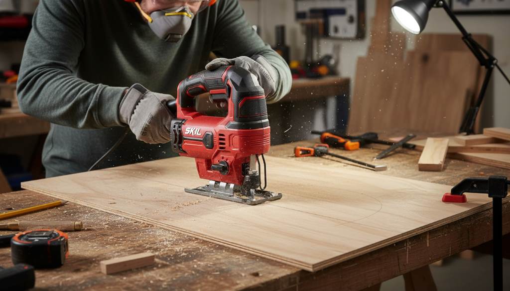 Person wearing safety gear making curved cut with jig saw on plywood workbench