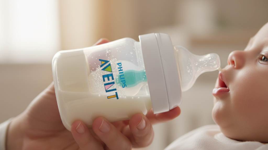 Philips Avent Anti-Colic Bottle showing the venting valve in action during feeding