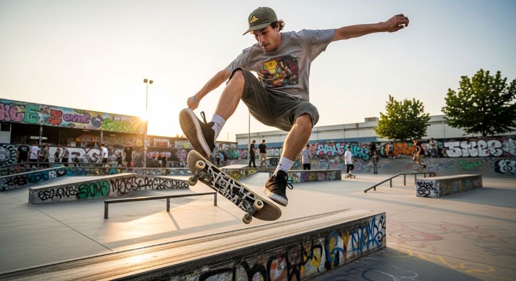 Skater wearing affordable skate shoes performing trick at skatepark
