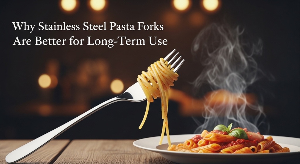 Stainless steel pasta fork lifting spaghetti from boiling pot