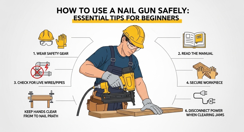Beginner using a nail gun safely with protective gear