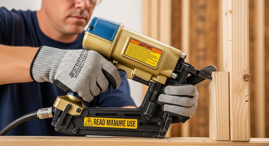 Step-by-step nail gun safety demonstration on wooden board