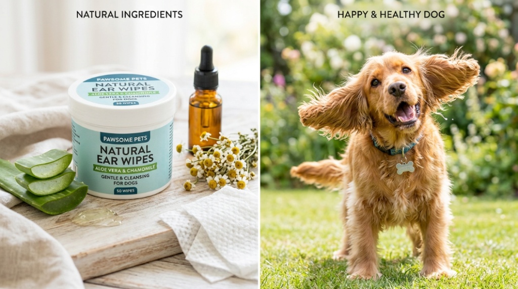 Natural ingredients like aloe vera next to a happy Cocker Spaniel with clean, healthy ears.