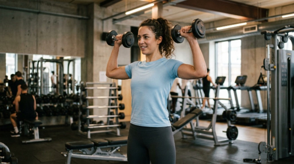 A woman wearing a light blue moisture-wicking workout t-shirt while lifting weights at a gym