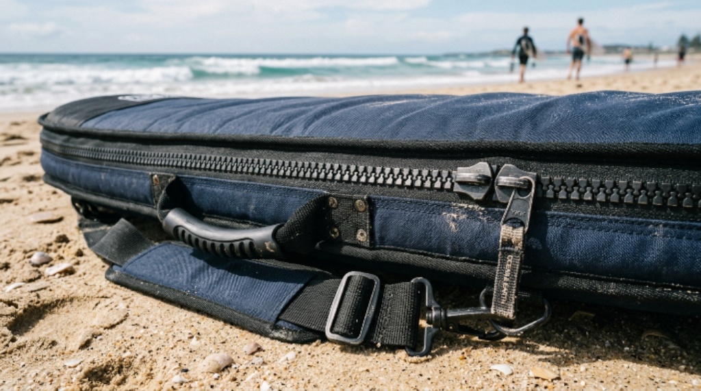 Close-up of a thick foam-padded surfboard bag with heavy-duty zipper and carry straps on a beach