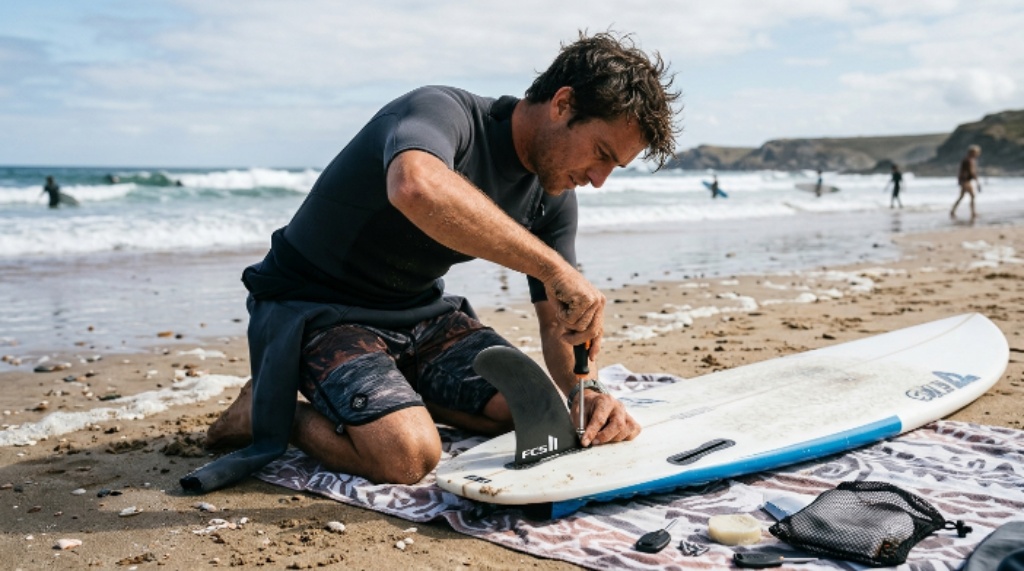 Surfer installing a fin using corrosion resistant screws into a surfboard fin box on the beach