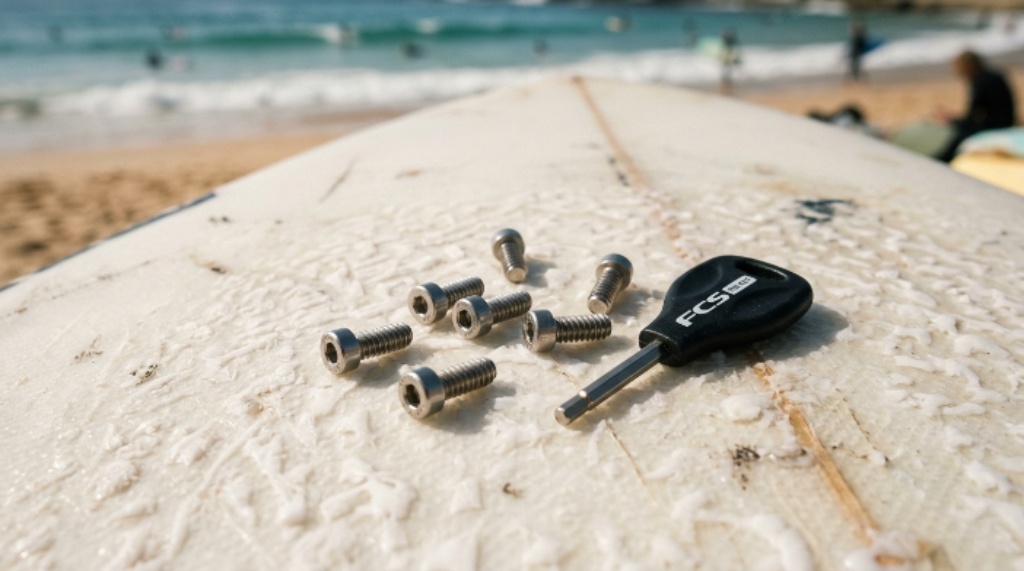 Close-up of stainless steel fin screws and a fin key laid out on a surfboard deck
