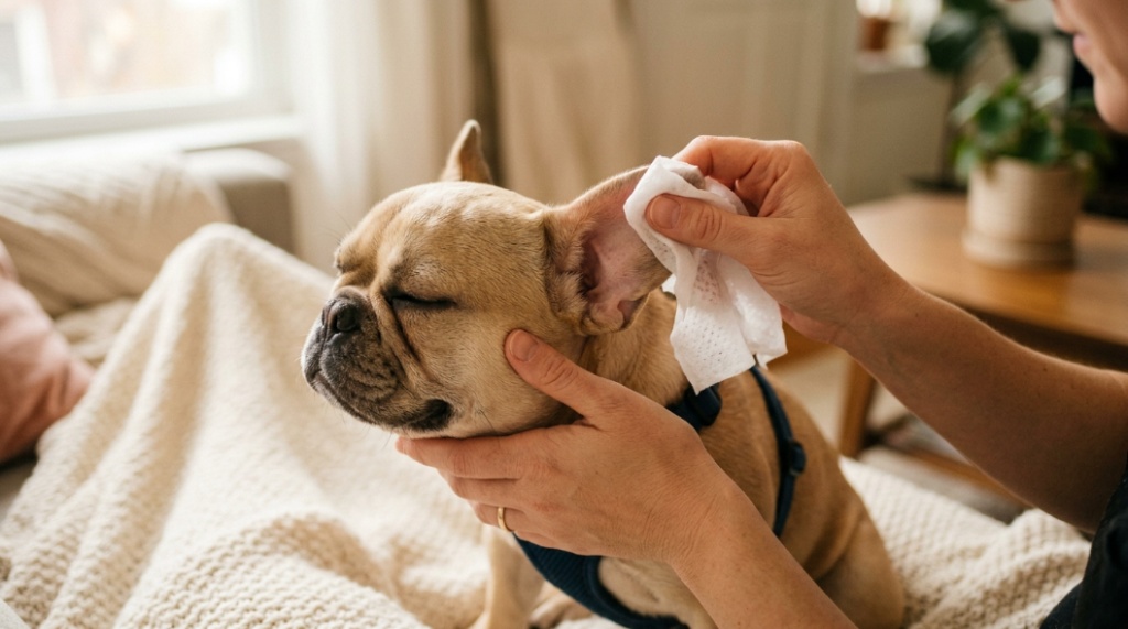 A person gently cleaning a French Bulldog's sensitive ears using a soft, soothing pet ear wipe.
