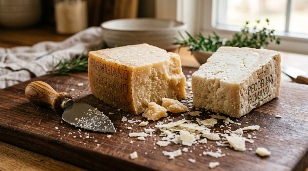 Blocks of parmesan and pecorino romano cheese on a wooden cutting board.