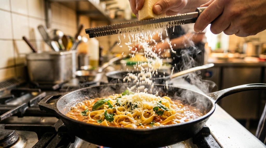 Grated parmesan cheese melting smoothly into a hot skillet of steaming pasta.