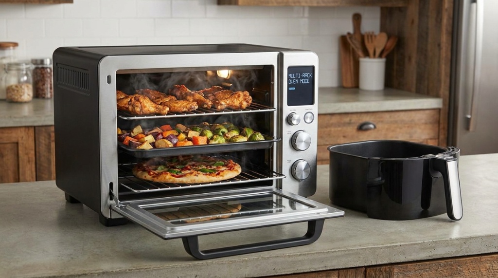  An open air fryer oven displaying chicken wings and sliced vegetables baking on separate racks. 