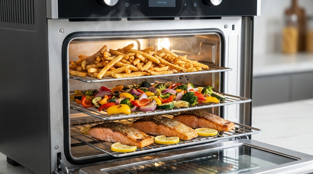 Open smart air fryer oven displaying multiple racks filled with roasting food.