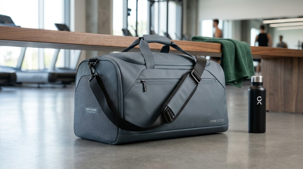 Person packing fresh workout clothes inside a spacious water resistant gym bag.