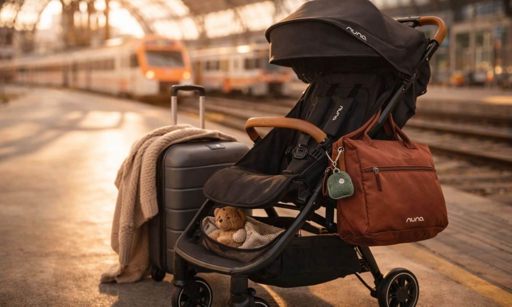 Travel essentials for baby including stroller, diaper bag, and bottles