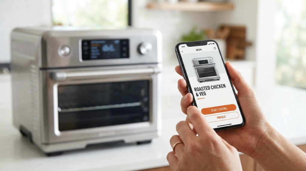 Person using smartphone app to remotely control digital smart air fryer oven.
