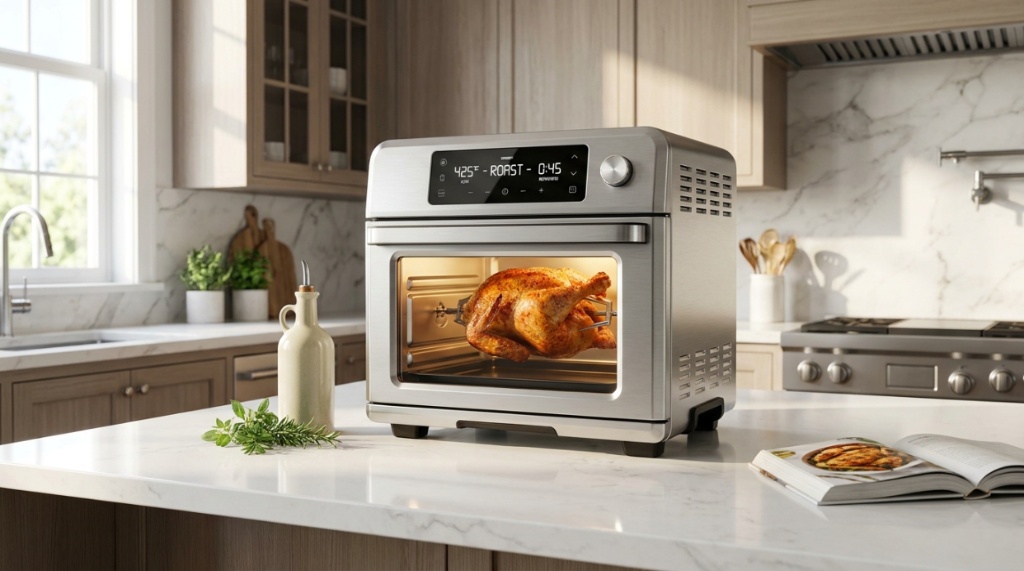 Smart air fryer oven on countertop roasting golden brown chicken inside illuminated glass doors.