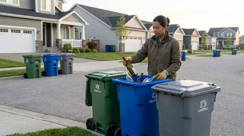 Neighbors sorting recyclable materials during a community cleanup