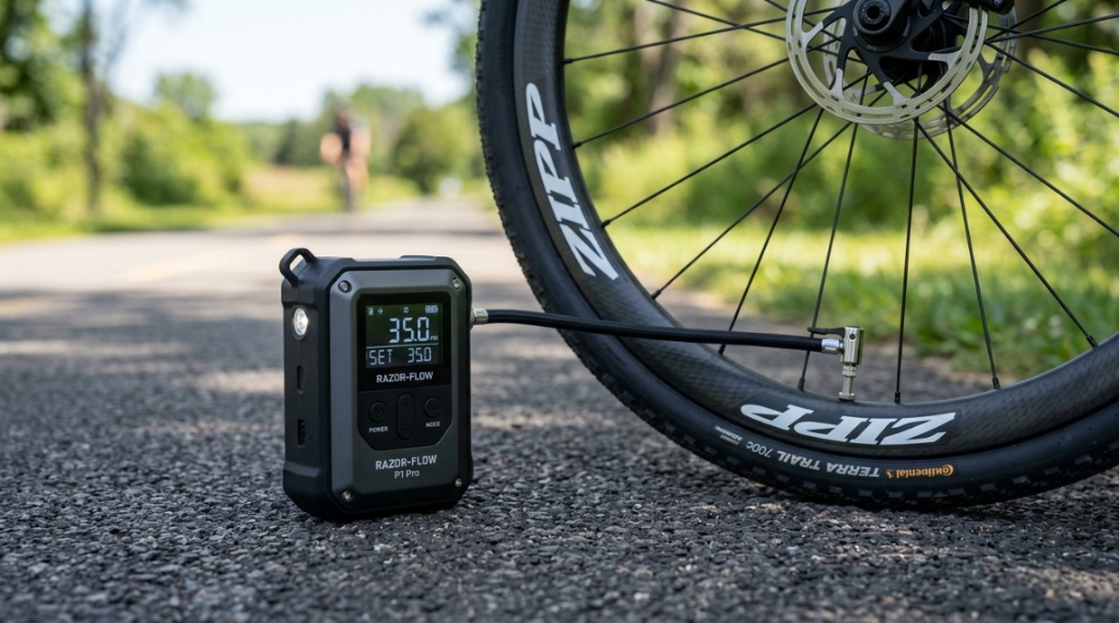 A hand places a small electric tire pump inside a black bicycle saddle bag.