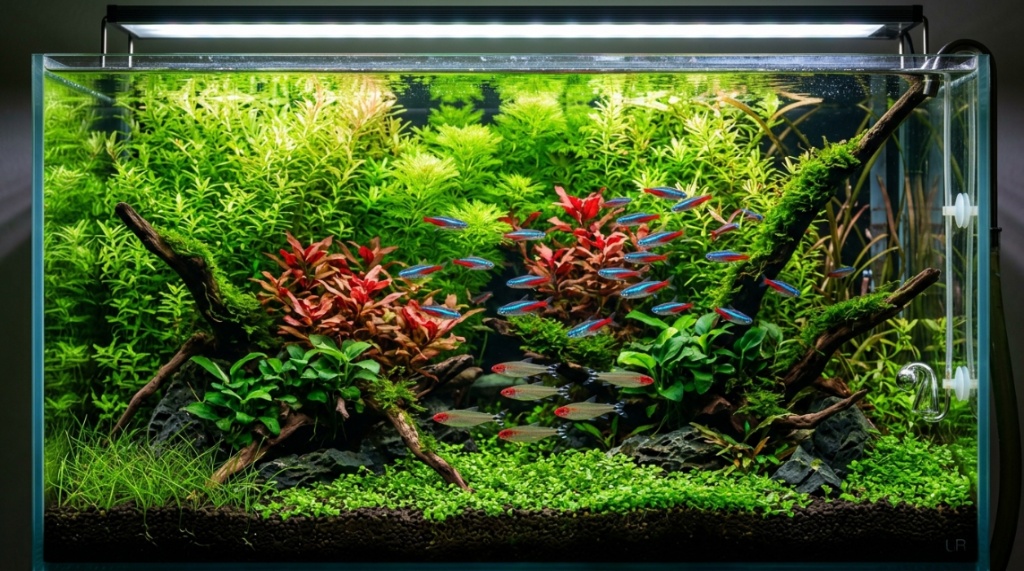 A water test kit vial sitting next to a clean planted aquarium.