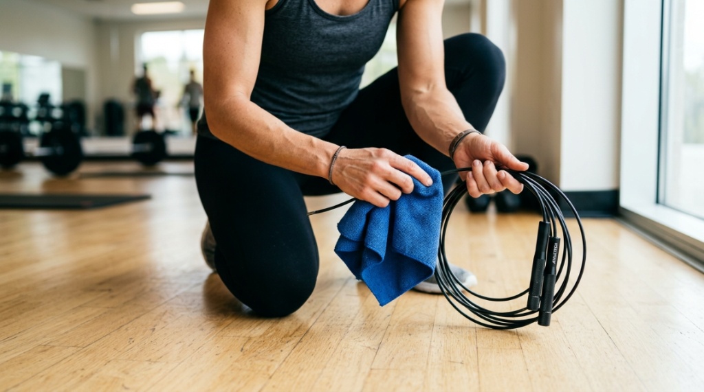 Person cleaning a black jump rope with a microfiber cloth.