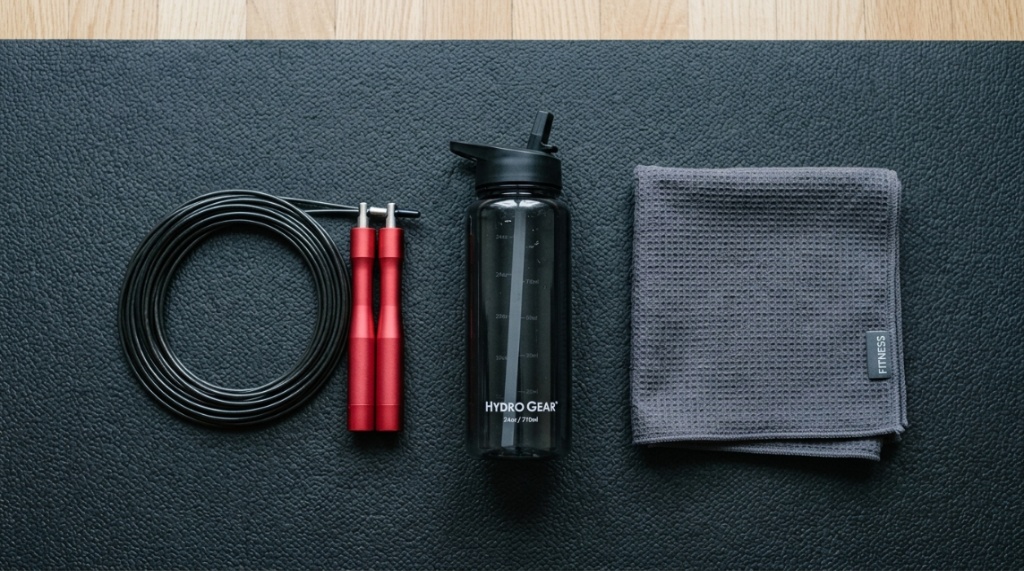 Close-up of a jump rope ball bearing handle and wire cable.