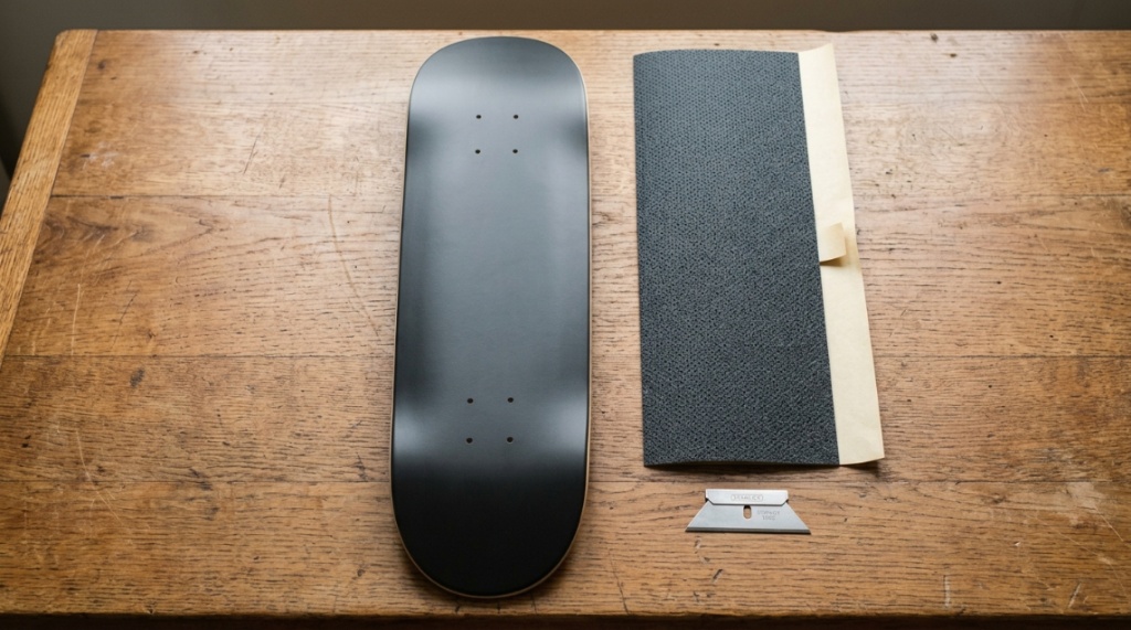 Close-up of hands applying grip tape to a skateboard deck