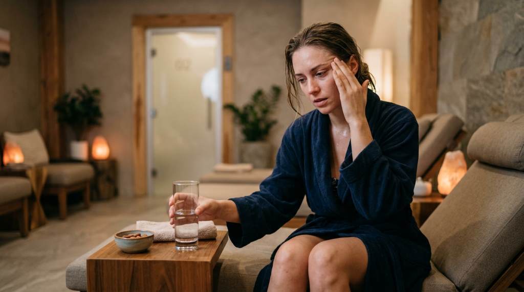 Person drinking water after a float tank session at a recovery spa