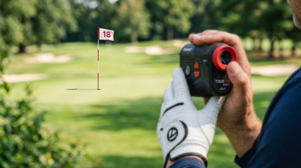 Close-up of hands holding a modern golf rangefinder device.